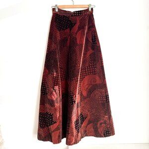 Vintage 70s Velvet Floral Paisley Geometric Print A line Skirt S